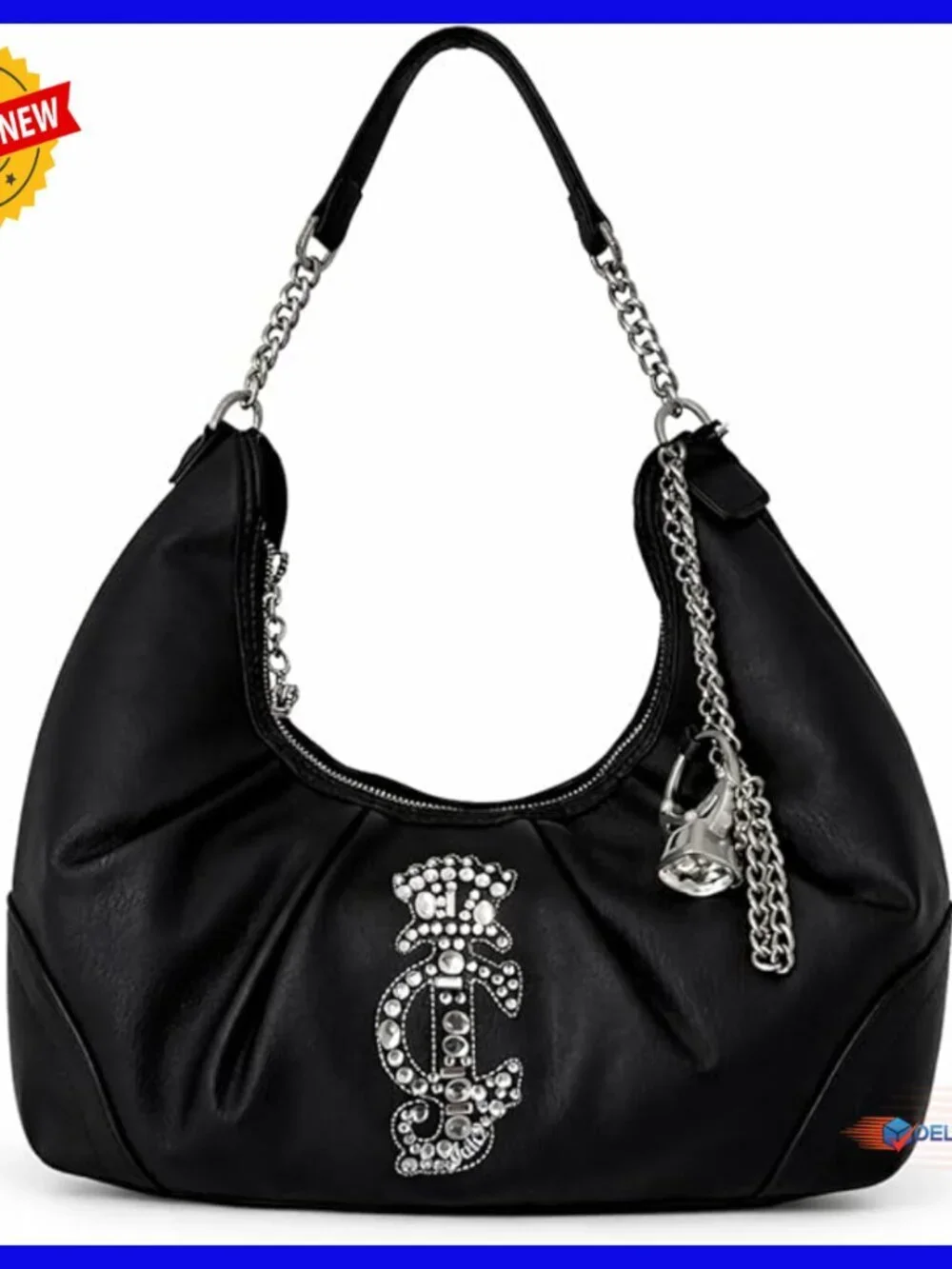 Medium Hobo Satchel with Chain Strap Rhinestone Logo Faux Leather